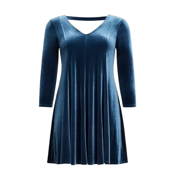 Torrid Blue Velvet Holiday Cocktail Dress V-Neck Cutout Back Size 00 (US 10) - Picture 3 of 9